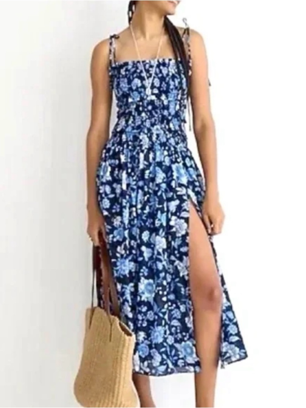 J.Crew Smocked Midi Dress Midnight Blue Floral Small 100% Cotton Tie Strap